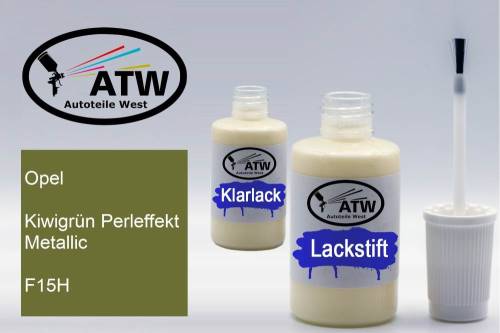 Opel, Kiwigrün Perleffekt Metallic, F15H: 20ml Lackstift + 20ml Klarlack - Set, von ATW Autoteile West.